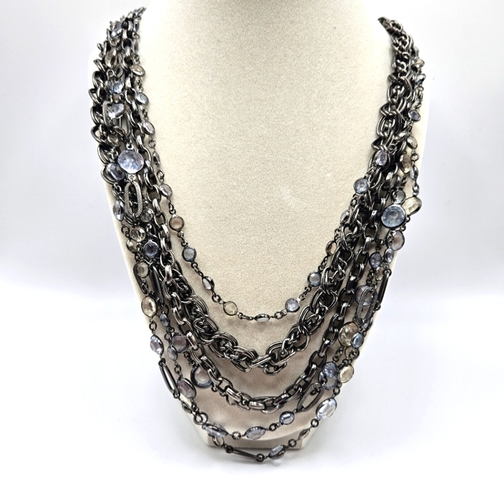 VINTAGE Talbots Gun Metal Multi Strand Chain Clear Stone Beaded Necklace